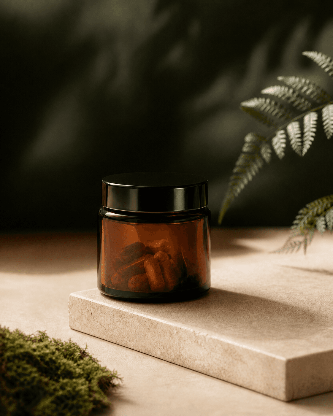 Cordyceps extract capsules in an amber glass jar
